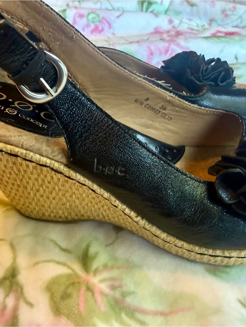 b.o.c. Black Floral Accent Wedge Sandals